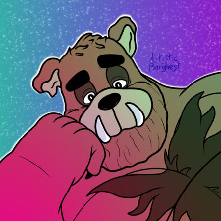 The Barghest smiling with hearts around him.